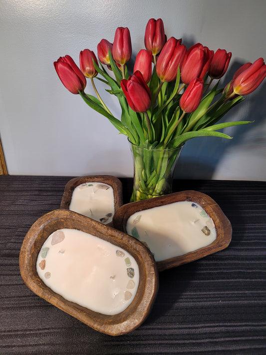 Wooden Dough Bowl Soy Candles with Crystals