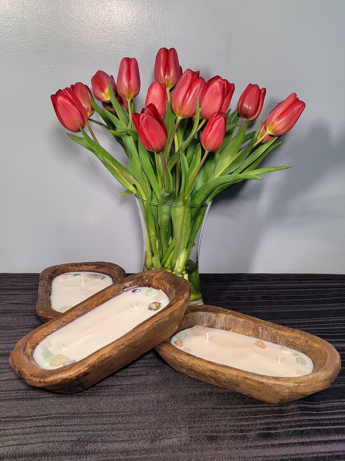 Wooden Dough Bowl Soy Candles with Crystals