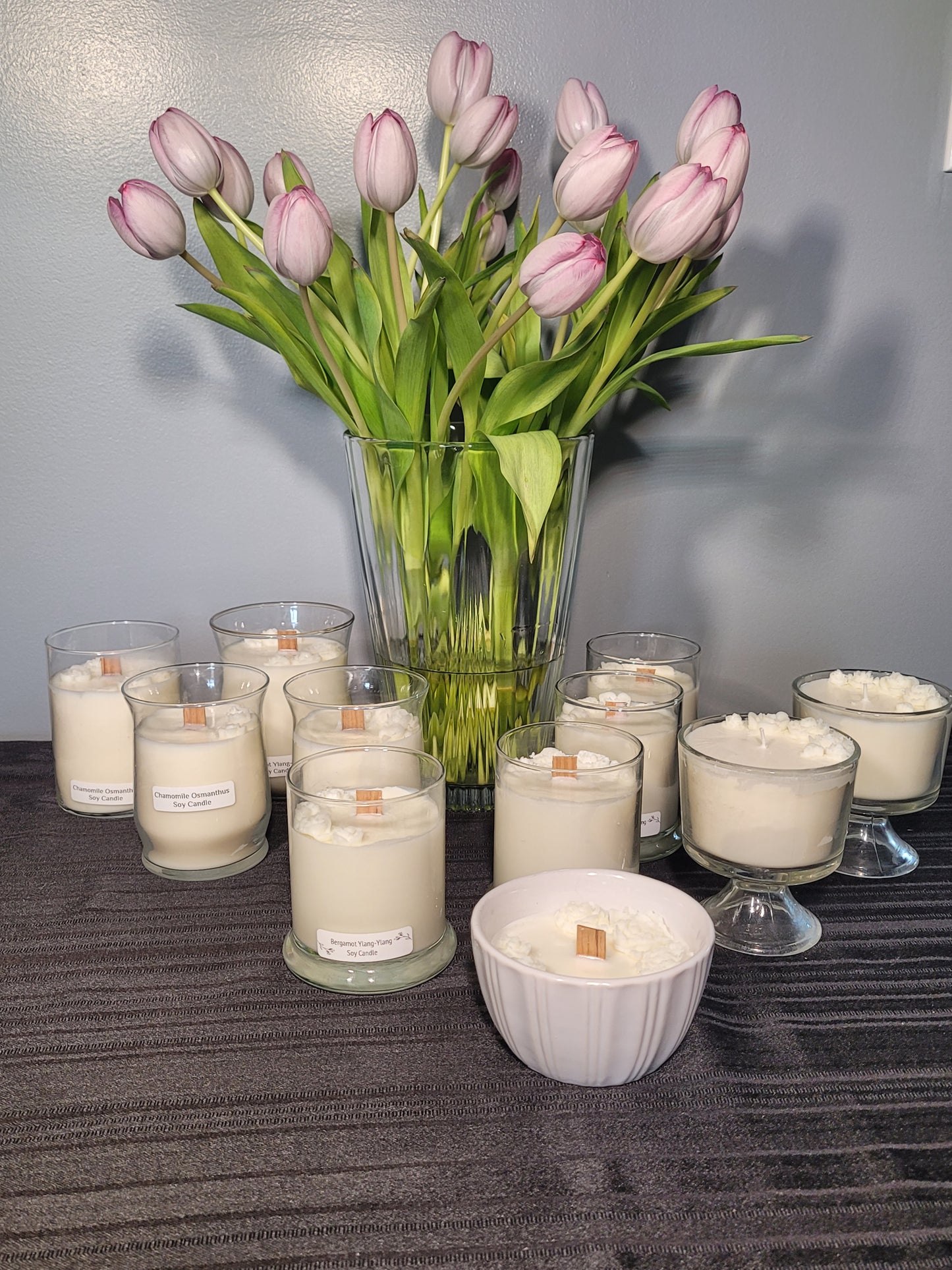 Delicate Rose topped Soy Candles in Glass Containers