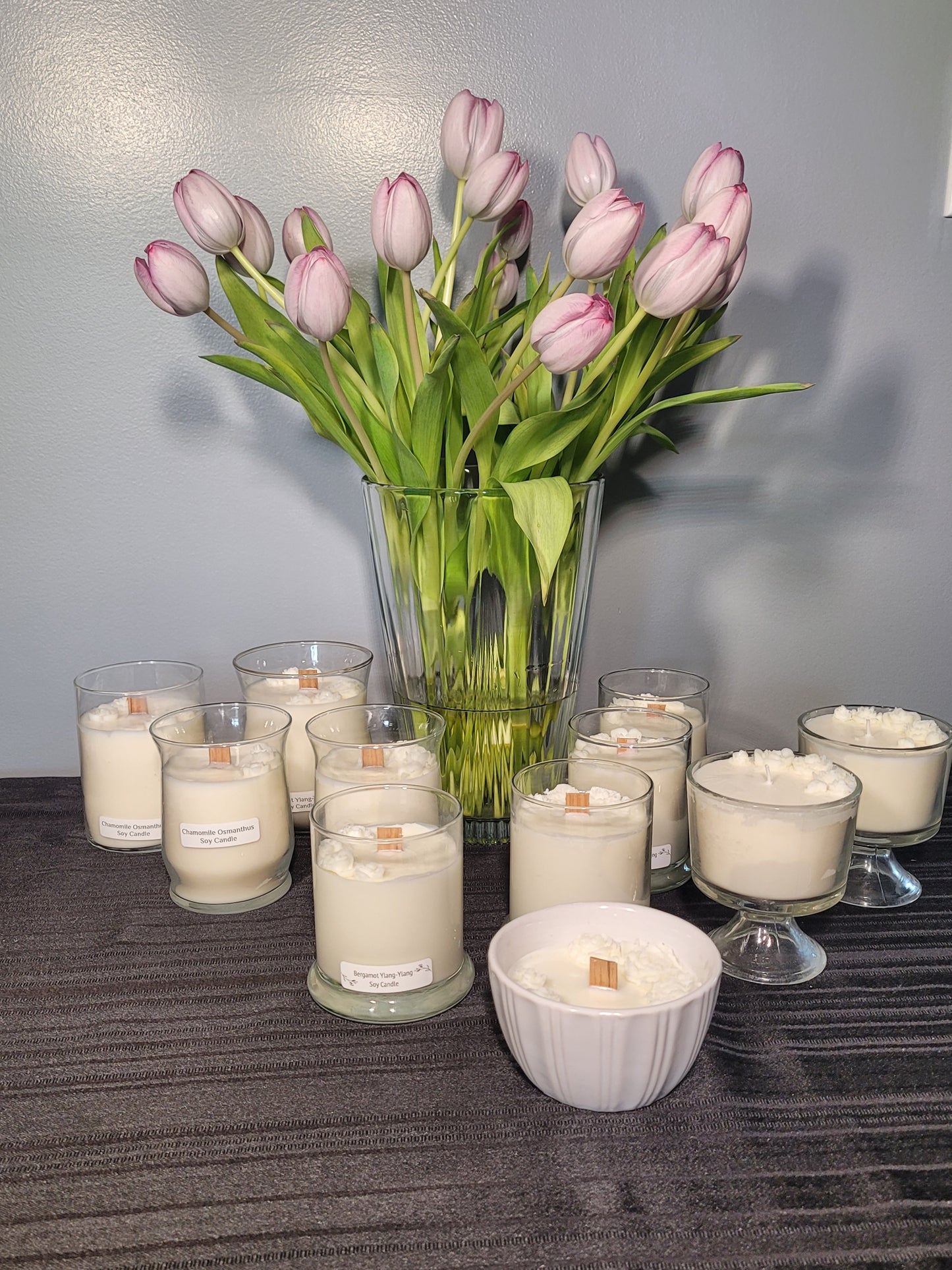 Delicate Rose topped Soy Candles in Glass Containers