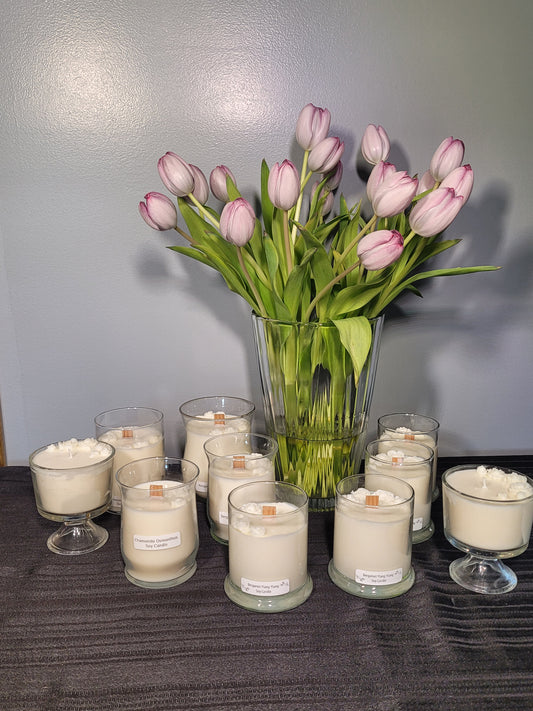 Delicate Rose topped Soy Candles in Glass Containers