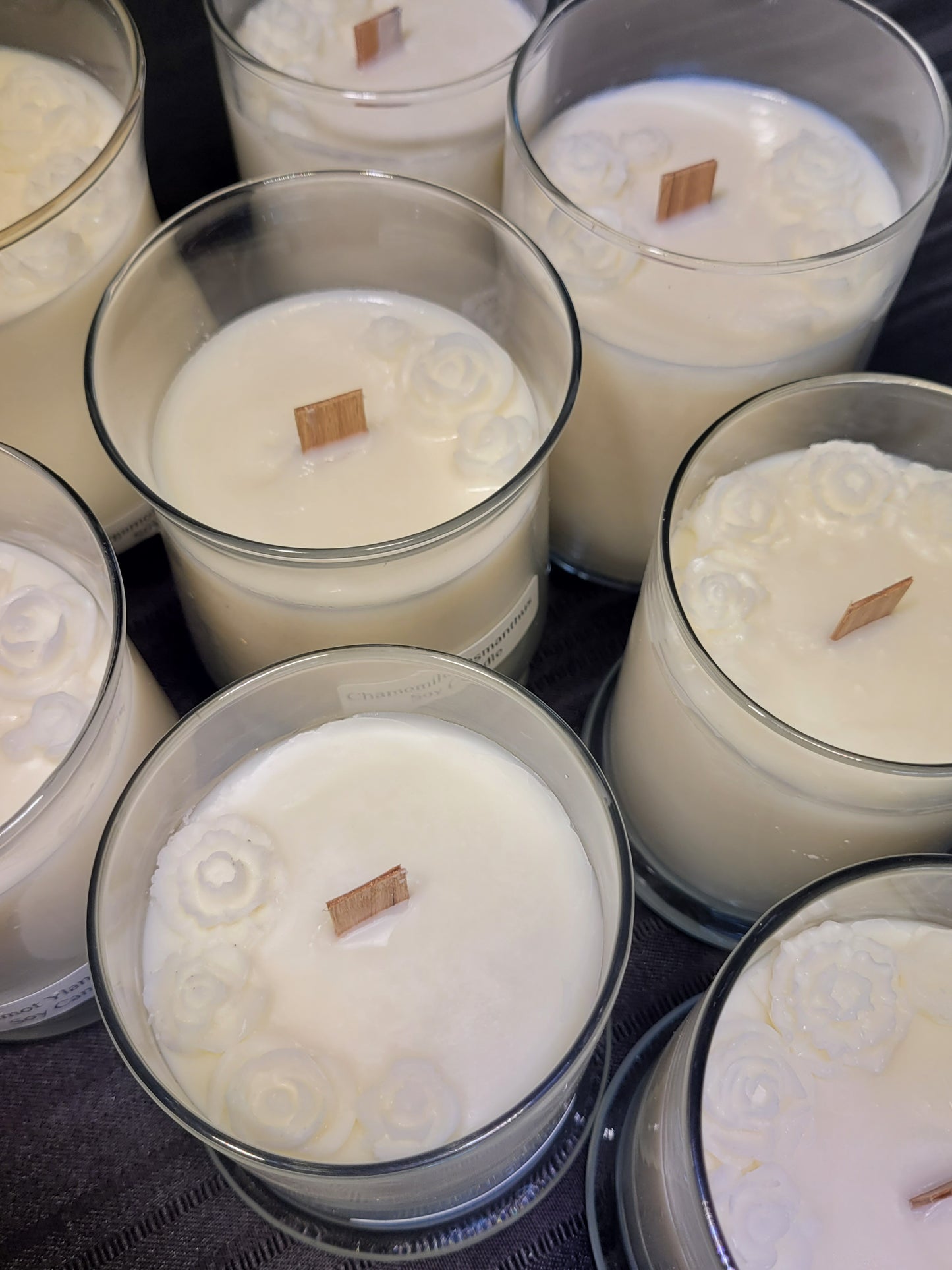 Delicate Rose topped Soy Candles in Glass Containers