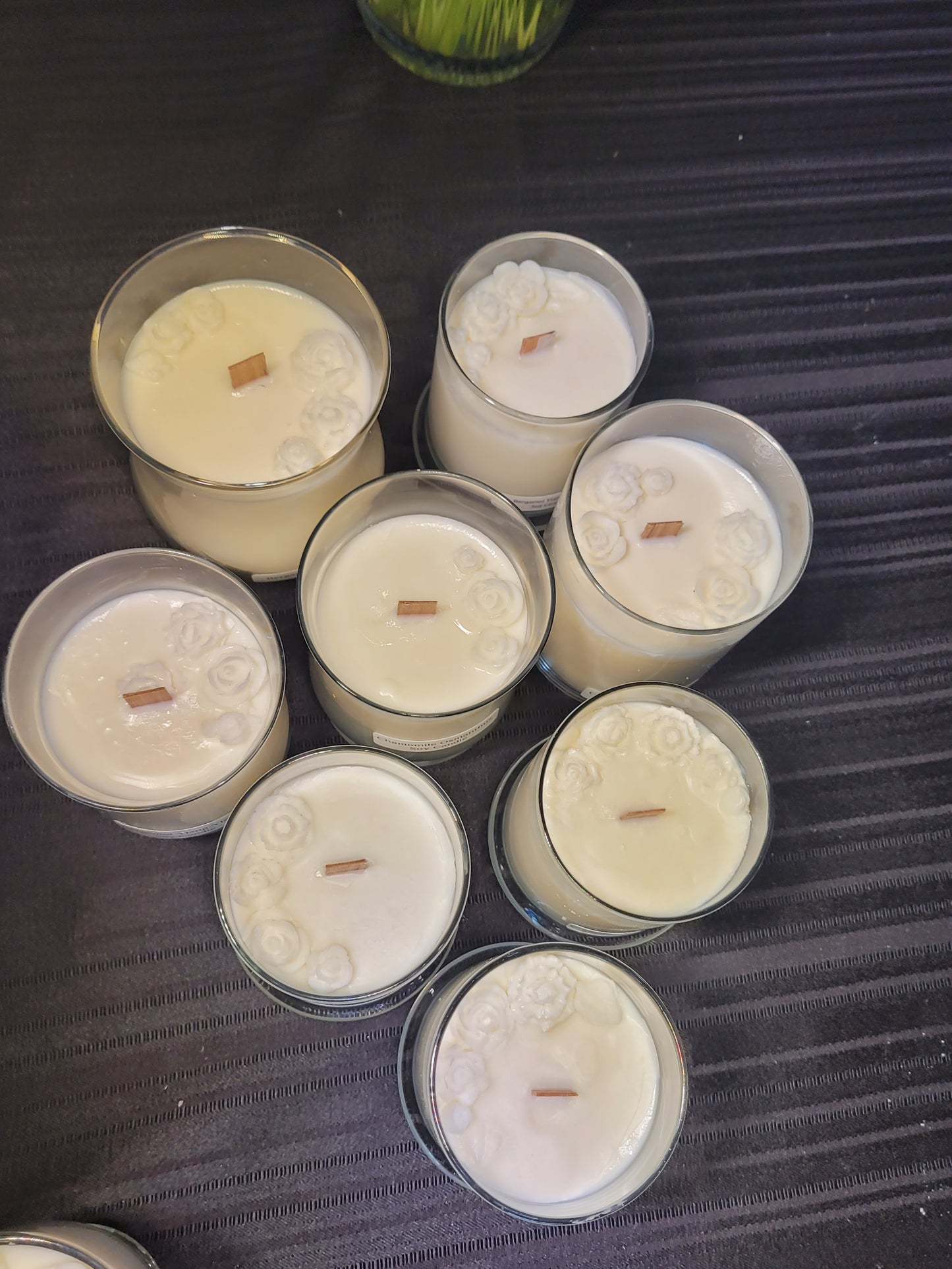 Delicate Rose topped Soy Candles in Glass Containers